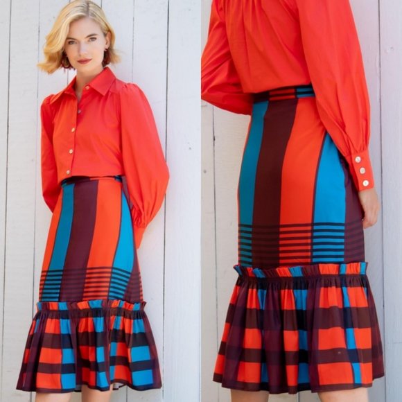 Anthropologie Eva Franco Flounced Midi Skirt plaid satin ruffle 8 NWT - Picture 6 of 7